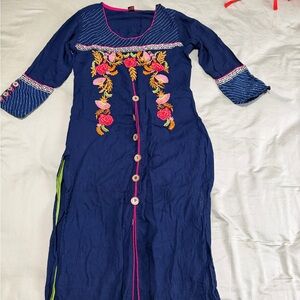 Embroidered Blue Dress/Kurta with Floral Design